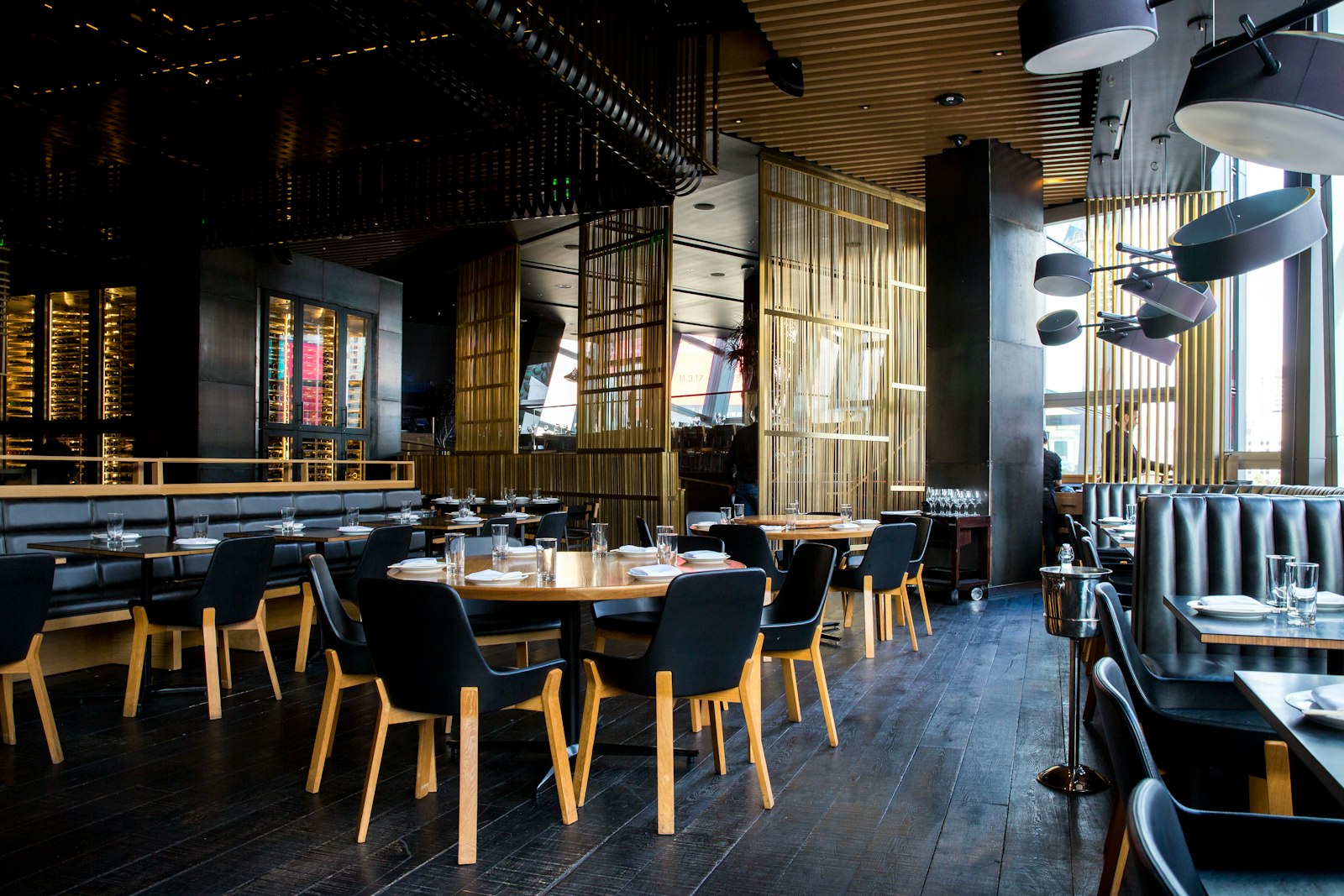 Elegant, warmly lit cafe dining room